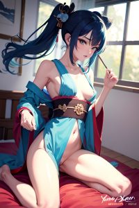 anime,skinny,small tits,20s age,orgasm face,blue hair,ponytail hair style,dark skin,watercolor,bedroom,front view,spreading legs,geisha
