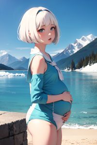 anime,pregnant,small tits,80s age,orgasm face,white hair,bobcut hair style,light skin,film photo,mountains,front view,bathing,schoolgirl