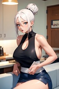 anime,busty,huge boobs,20s age,shocked face,white hair,hair bun hair style,dark skin,watercolor,cafe,front view,bending over,mini skirt