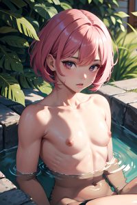 anime,muscular,small tits,18 age,seductive face,pink hair,bobcut hair style,dark skin,painting,stage,side view,bathing,goth