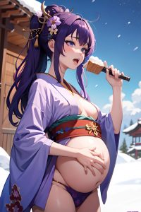anime,pregnant,small tits,18 age,ahegao face,purple hair,messy hair style,light skin,illustration,snow,side view,eating,geisha