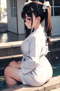 anime,chubby,small tits,50s age,pouting lips face,brunette,pigtails hair style,light skin,black and white,street,back view,bathing,bathrobe