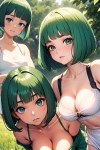 anime,busty,small tits,70s age,shocked face,green hair,bobcut hair style,dark skin,vintage,meadow,front view,bending over,teacher