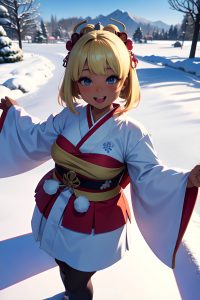 anime,chubby,small tits,18 age,happy face,blonde,bangs hair style,dark skin,3d,snow,back view,t-pose,geisha