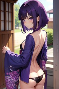 anime,skinny,small tits,20s age,serious face,purple hair,bangs hair style,dark skin,comic,stage,back view,cumshot,kimono