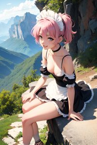 anime,skinny,small tits,80s age,happy face,pink hair,pixie hair style,light skin,black and white,mountains,side view,cumshot,maid