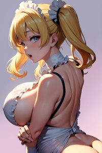 anime,busty,huge boobs,80s age,shocked face,blonde,pigtails hair style,light skin,crisp anime,party,back view,cumshot,maid
