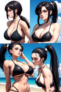 anime,busty,huge boobs,80s age,serious face,black hair,ponytail hair style,light skin,3d,beach,side view,working out,bikini