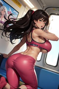 anime,skinny,huge boobs,80s age,ahegao face,brunette,messy hair style,dark skin,watercolor,train,back view,jumping,pajamas