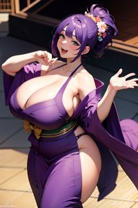 anime,chubby,huge boobs,18 age,laughing face,purple hair,pixie hair style,dark skin,dark fantasy,stage,front view,yoga,kimono