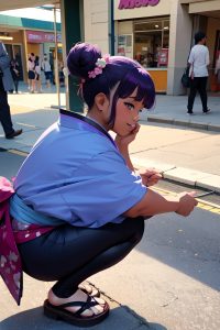 anime,chubby,small tits,18 age,laughing face,purple hair,hair bun hair style,dark skin,vintage,mall,side view,squatting,kimono