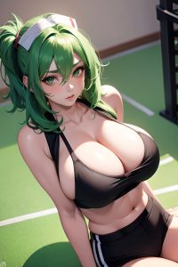 anime,skinny,huge boobs,30s age,pouting lips face,green hair,messy hair style,light skin,charcoal,gym,close-up view,spreading legs,nurse