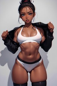 anime,busty,small tits,80s age,ahegao face,ginger,slicked hair style,dark skin,dark fantasy,stage,close-up view,working out,bra
