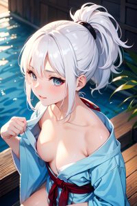 anime,busty,small tits,18 age,seductive face,white hair,ponytail hair style,light skin,watercolor,onsen,close-up view,on back,bathrobe