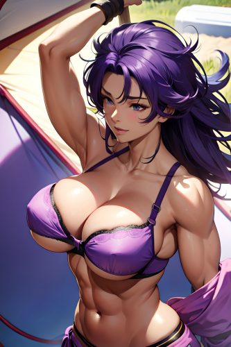 anime,muscular,huge boobs,80s age,happy face,purple hair,messy hair style,dark skin,warm anime,tent,side view,jumping,bra