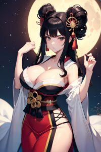 anime,busty,huge boobs,30s age,serious face,black hair,bangs hair style,light skin,illustration,moon,front view,on back,geisha