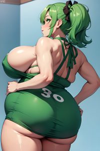 anime,pregnant,huge boobs,80s age,seductive face,green hair,pigtails hair style,dark skin,skin detail (beta),party,back view,jumping,goth