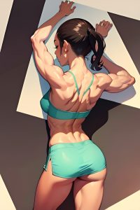 anime,muscular,small tits,60s age,happy face,brunette,ponytail hair style,dark skin,watercolor,strip club,back view,sleeping,mini skirt