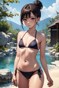 anime,skinny,small tits,18 age,sad face,brunette,hair bun hair style,dark skin,watercolor,onsen,front view,working out,bikini