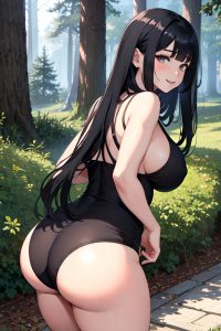 anime,chubby,huge boobs,40s age,happy face,black hair,bangs hair style,light skin,dark fantasy,forest,back view,bending over,goth