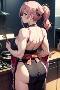 anime,muscular,huge boobs,40s age,sad face,pink hair,pigtails hair style,light skin,charcoal,train,back view,cooking,kimono