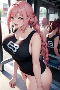 anime,chubby,huge boobs,18 age,laughing face,pink hair,braided hair style,light skin,charcoal,bus,back view,plank,partially nude