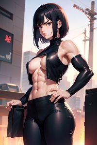 anime,muscular,small tits,40s age,angry face,black hair,bangs hair style,light skin,cyberpunk,cafe,front view,working out,goth