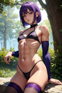 anime,muscular,small tits,80s age,sad face,purple hair,bobcut hair style,dark skin,soft anime,forest,close-up view,eating,stockings