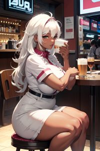 anime,chubby,small tits,20s age,seductive face,white hair,messy hair style,dark skin,cyberpunk,cafe,side view,jumping,nurse