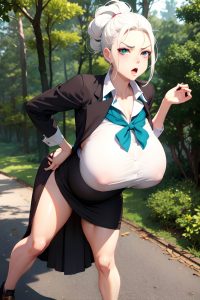 anime,pregnant,huge boobs,20s age,angry face,white hair,slicked hair style,light skin,3d,forest,front view,bending over,schoolgirl