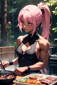 anime,muscular,small tits,20s age,pouting lips face,pink hair,ponytail hair style,dark skin,charcoal,forest,front view,cooking,goth