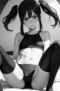 anime,skinny,small tits,70s age,angry face,brunette,pigtails hair style,dark skin,black and white,tent,close-up view,cumshot,stockings