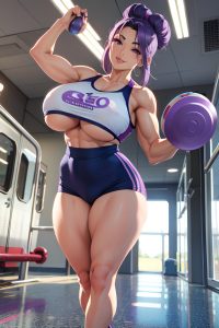 anime,muscular,huge boobs,40s age,happy face,purple hair,hair bun hair style,light skin,3d,train,front view,working out,teacher
