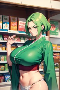 anime,skinny,huge boobs,60s age,angry face,green hair,slicked hair style,light skin,watercolor,grocery,front view,bathing,kimono