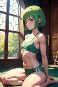 anime,muscular,small tits,60s age,angry face,green hair,bobcut hair style,light skin,painting,church,side view,yoga,pajamas