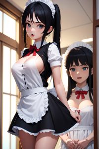 anime,busty,small tits,18 age,shocked face,black hair,straight hair style,light skin,3d,changing room,front view,jumping,maid