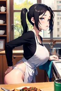 anime,skinny,huge boobs,18 age,sad face,black hair,pigtails hair style,light skin,watercolor,cafe,side view,cooking,teacher