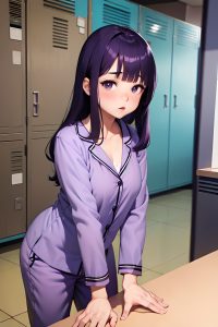 anime,chubby,small tits,40s age,pouting lips face,purple hair,bangs hair style,dark skin,vintage,locker room,front view,bending over,pajamas