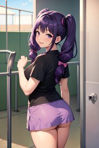 anime,chubby,small tits,40s age,happy face,purple hair,pigtails hair style,dark skin,dark fantasy,prison,back view,yoga,mini skirt
