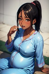 anime,pregnant,small tits,20s age,ahegao face,black hair,ponytail hair style,dark skin,watercolor,street,close-up view,straddling,pajamas