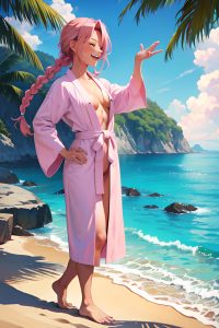 anime,muscular,small tits,30s age,laughing face,pink hair,braided hair style,light skin,painting,beach,side view,plank,bathrobe