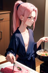 anime,skinny,small tits,40s age,serious face,pink hair,ponytail hair style,dark skin,film photo,party,close-up view,cooking,bathrobe