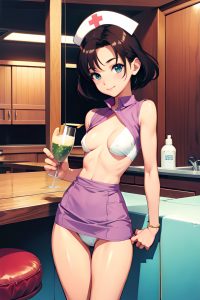 anime,skinny,small tits,80s age,happy face,brunette,pixie hair style,light skin,skin detail (beta),bar,front view,eating,nurse