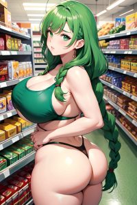 anime,chubby,huge boobs,20s age,serious face,green hair,braided hair style,light skin,crisp anime,grocery,back view,straddling,goth