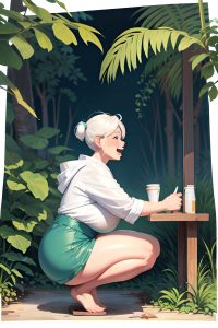 anime,chubby,huge boobs,50s age,laughing face,white hair,pixie hair style,dark skin,painting,jungle,side view,squatting,bathrobe