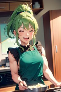 anime,muscular,small tits,70s age,laughing face,green hair,ponytail hair style,light skin,vintage,office,close-up view,cooking,partially nude