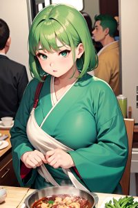 anime,chubby,small tits,50s age,serious face,green hair,bangs hair style,light skin,soft + warm,train,front view,cooking,kimono