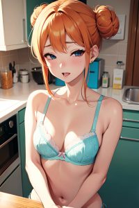 anime,skinny,small tits,60s age,ahegao face,ginger,hair bun hair style,light skin,soft anime,kitchen,close-up view,sleeping,bra