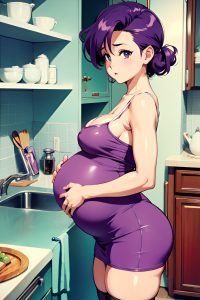 anime,pregnant,small tits,80s age,shocked face,purple hair,pixie hair style,light skin,vintage,kitchen,side view,bathing,stockings
