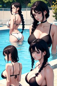 anime,skinny,huge boobs,30s age,serious face,black hair,braided hair style,light skin,illustration,pool,back view,sleeping,bra